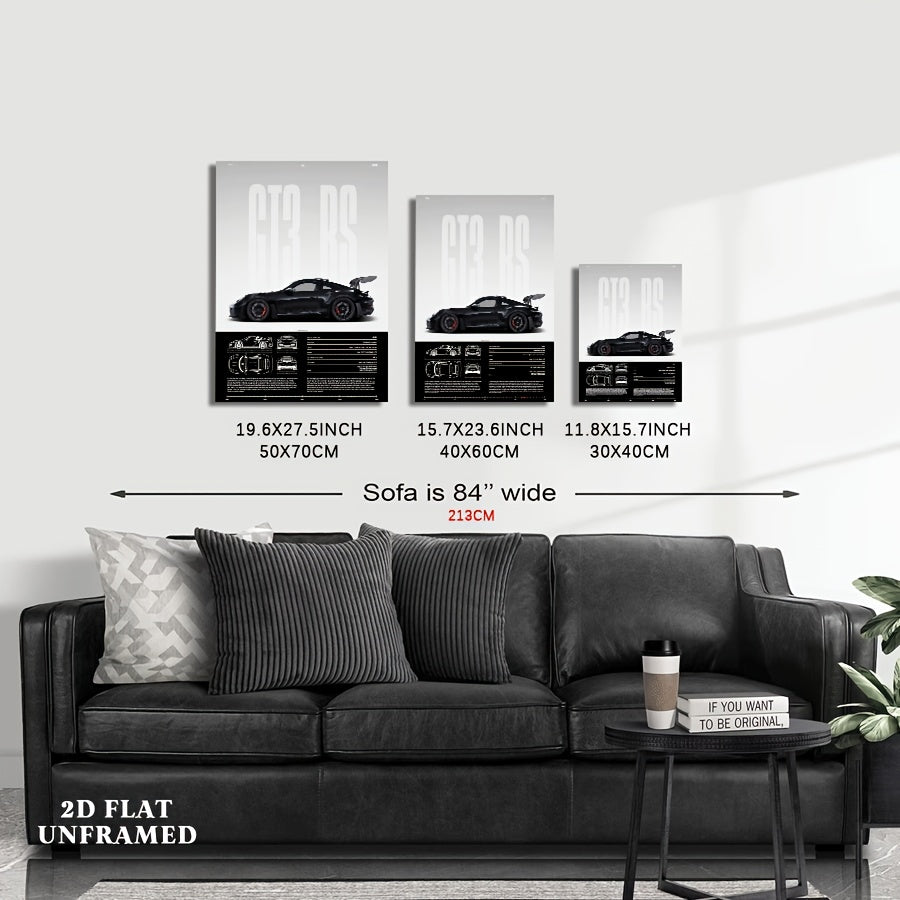Póster 2D de Autos de Carreras GT – Diseño Técnico en Blanco y Negro | Arte Automotriz sin Marco para Hogar, Oficina o “Man Cave” | Decoración Moderna de Estilo Alemán