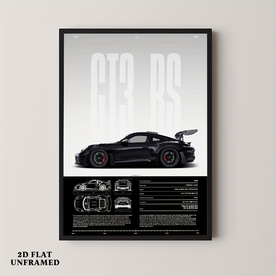 Póster 2D de Autos de Carreras GT – Diseño Técnico en Blanco y Negro | Arte Automotriz sin Marco para Hogar, Oficina o “Man Cave” | Decoración Moderna de Estilo Alemán