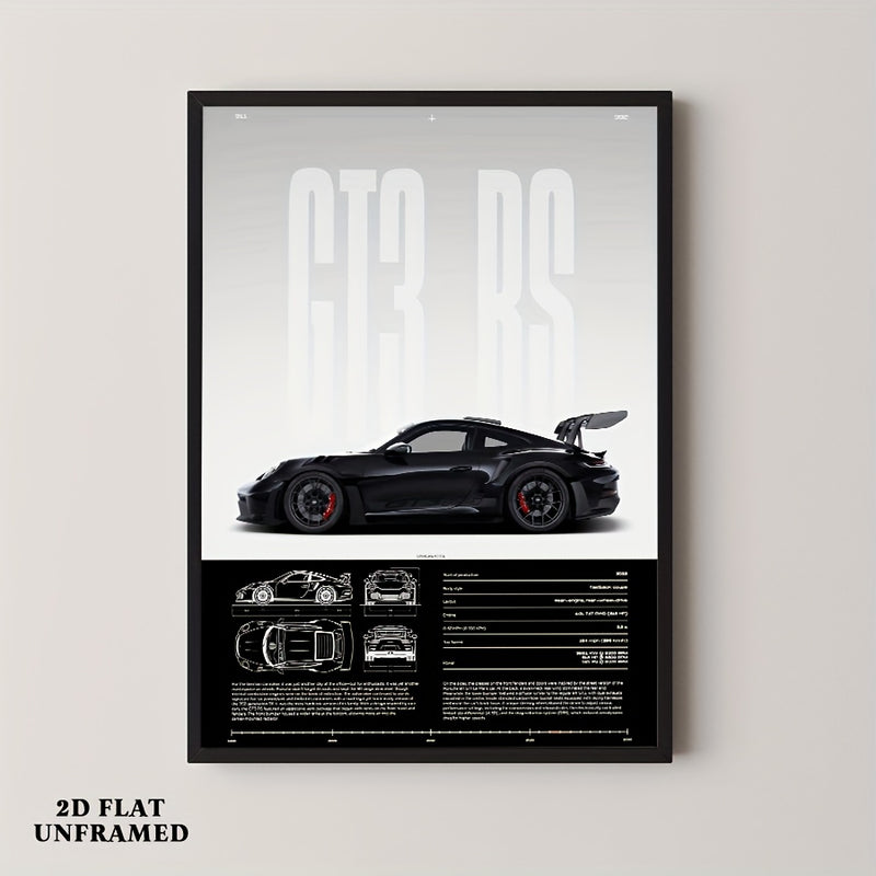 Póster 2D de Autos de Carreras GT – Diseño Técnico en Blanco y Negro | Arte Automotriz sin Marco para Hogar, Oficina o “Man Cave” | Decoración Moderna de Estilo Alemán