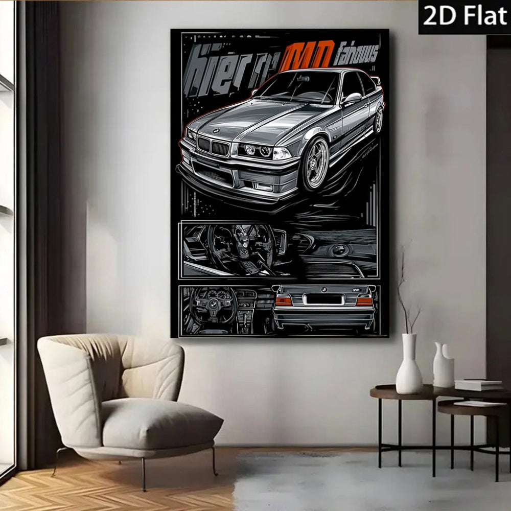 🚗⚡ Póster 2D Flat E36 Sports Car | Canvas Sin Marco 1PC | Arte Retro Automotriz Minimalista 🖼️✨ | Decoración para Sala, Dormitorio u Oficina 🏠💼