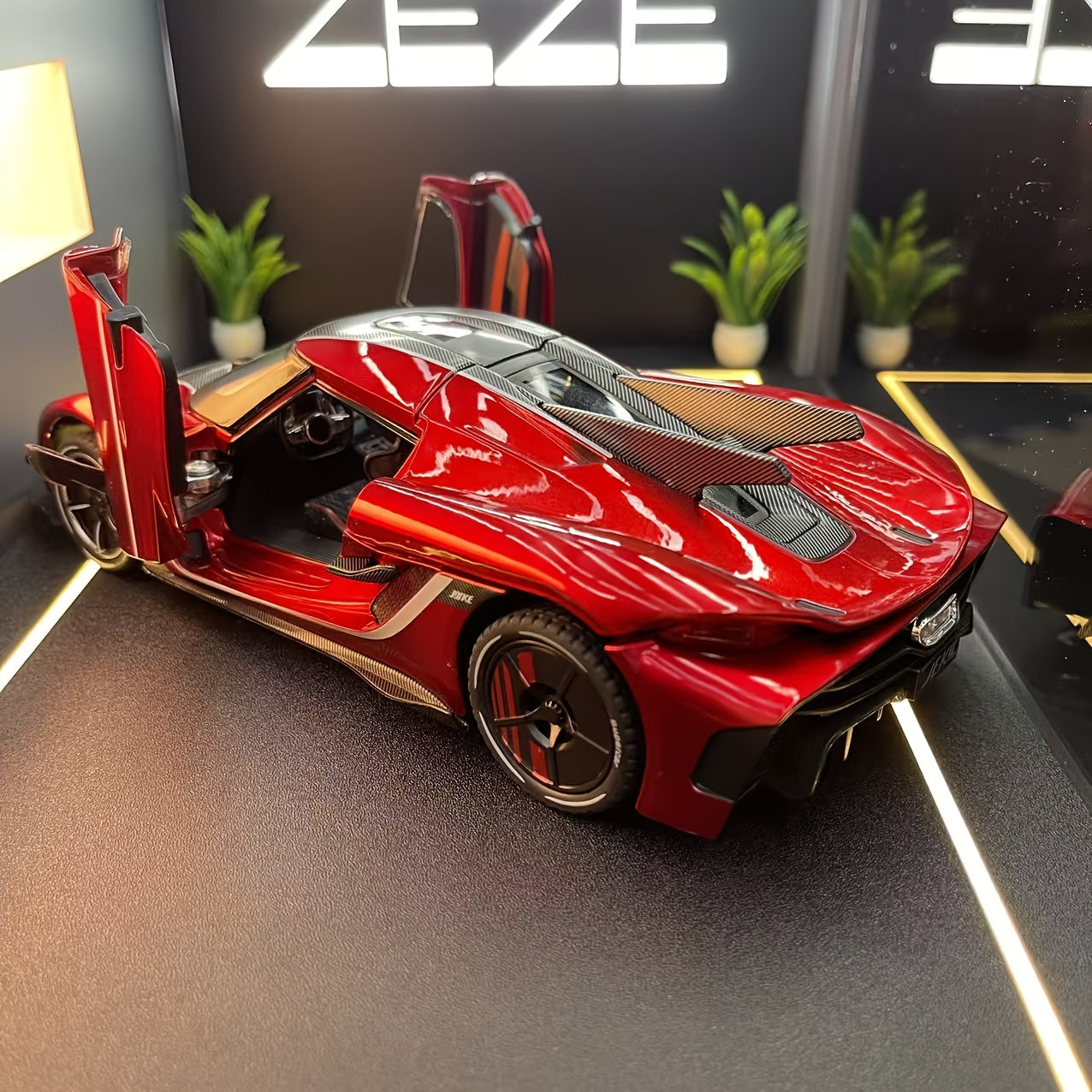 🔥 1:24 Scale Red & Black Sports Car Model – Edición Carbon Fiber 🔥