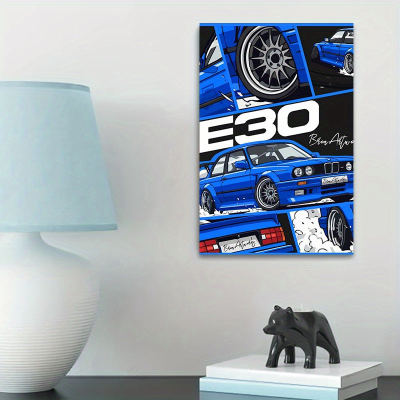 🚗 Póster Decorativo Coche Clásico E30 Azul 2D – Arte Vintage para Pared 🖼️