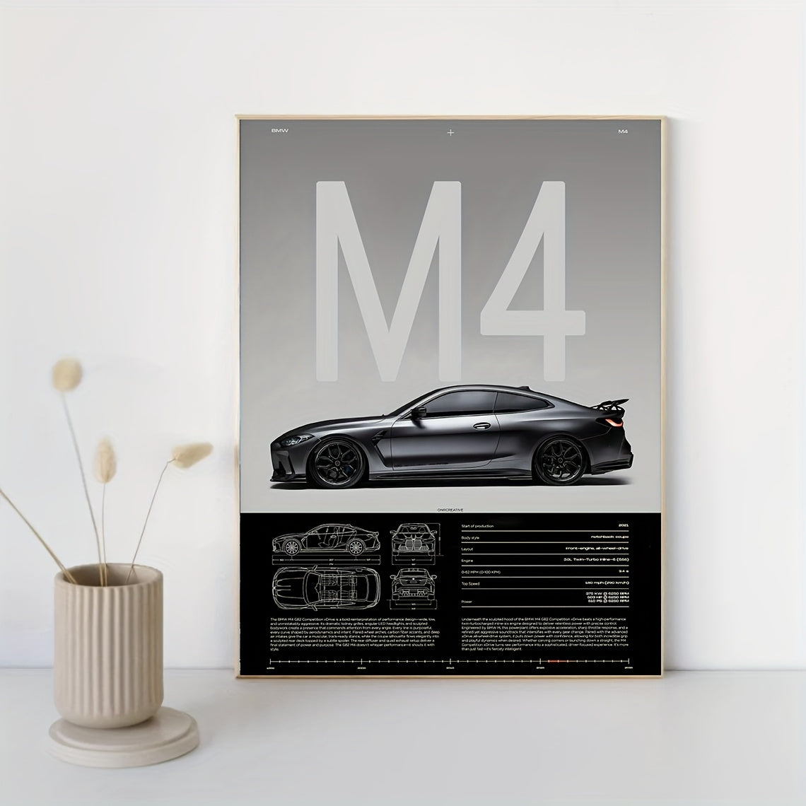Póster Moderno M4 – Diseño Técnico de Supercoche en Lienzo Negro | Arte sin Marco para “Man Cave”, Oficina o Decoración del Hogar