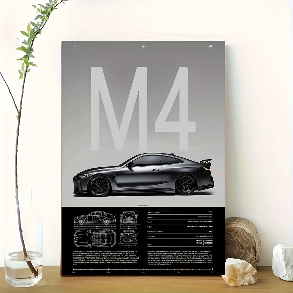 Póster Moderno M4 – Diseño Técnico de Supercoche en Lienzo Negro | Arte sin Marco para “Man Cave”, Oficina o Decoración del Hogar