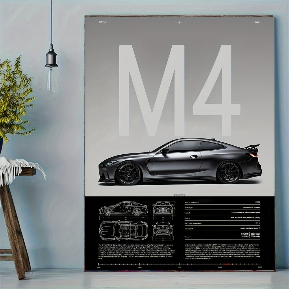 Póster Moderno M4 – Diseño Técnico de Supercoche en Lienzo Negro | Arte sin Marco para “Man Cave”, Oficina o Decoración del Hogar