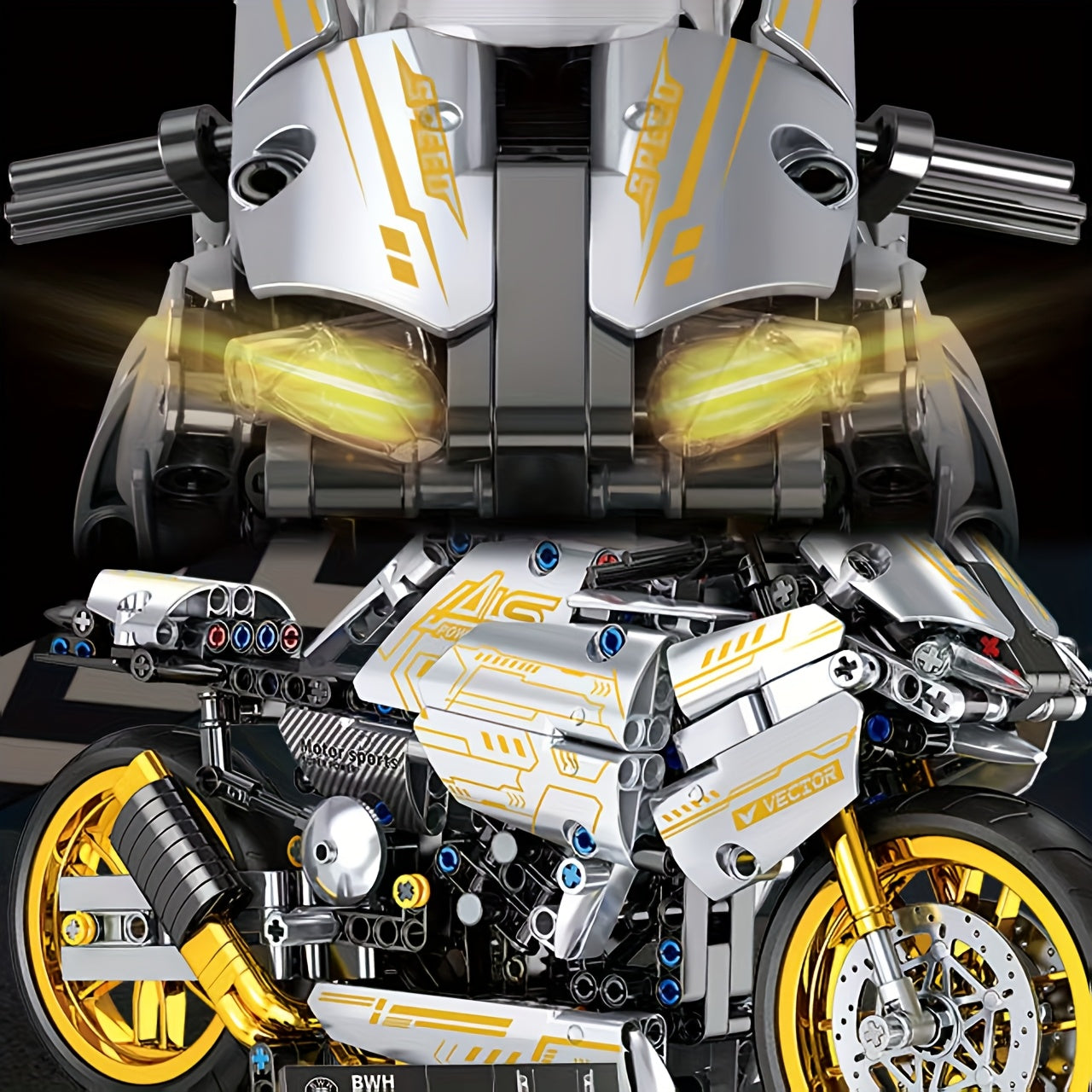 Moto Mecánica Plateada y Amarilla – Set de 1020 Bloques de Construcción | Diseño Realista sin Electricidad | Regalo Ideal para Adultos y Fans de las Motocicletas