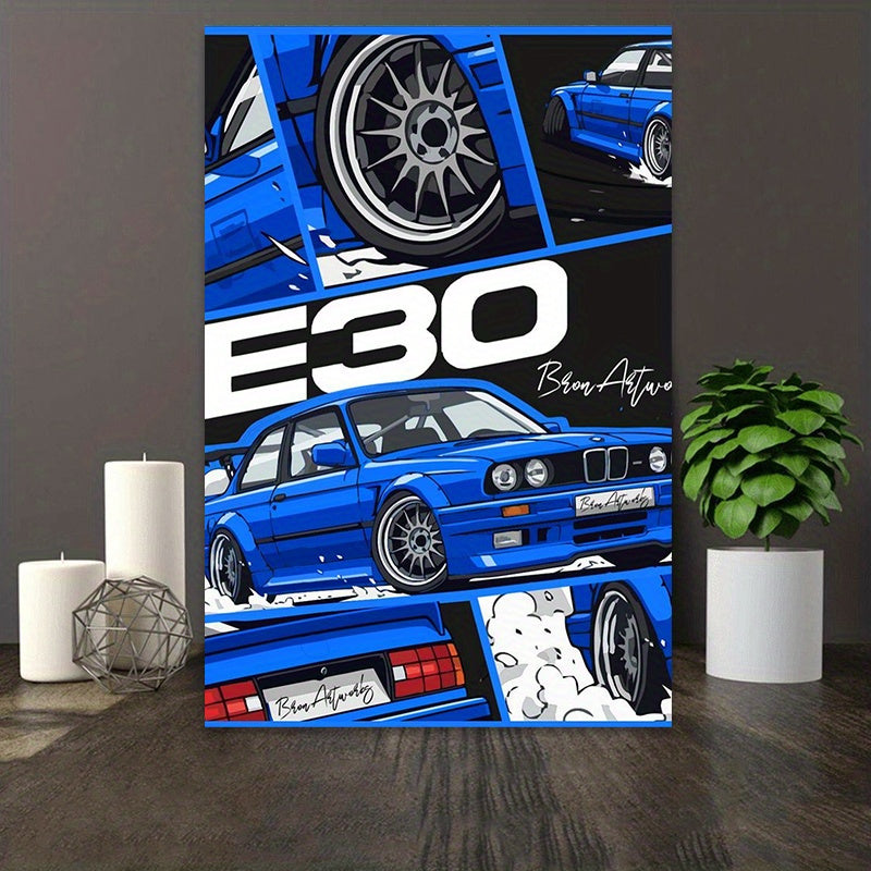 🚗 Póster Decorativo Coche Clásico E30 Azul 2D – Arte Vintage para Pared 🖼️