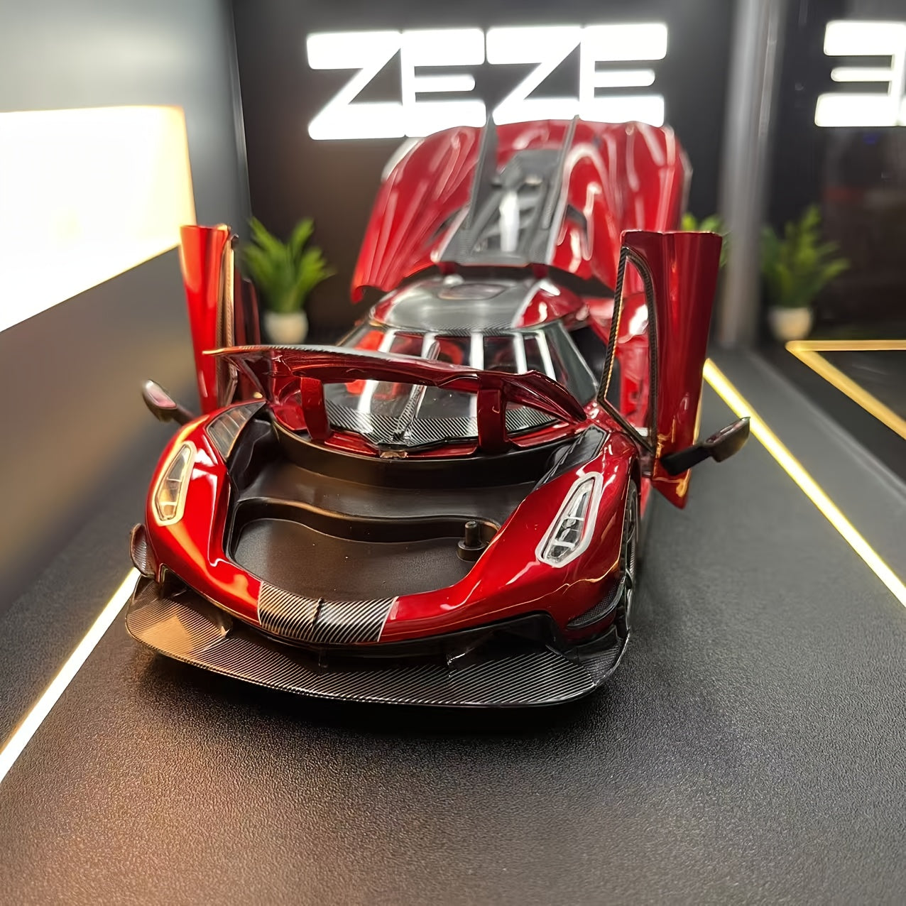 🔥 1:24 Scale Red & Black Sports Car Model – Edición Carbon Fiber 🔥