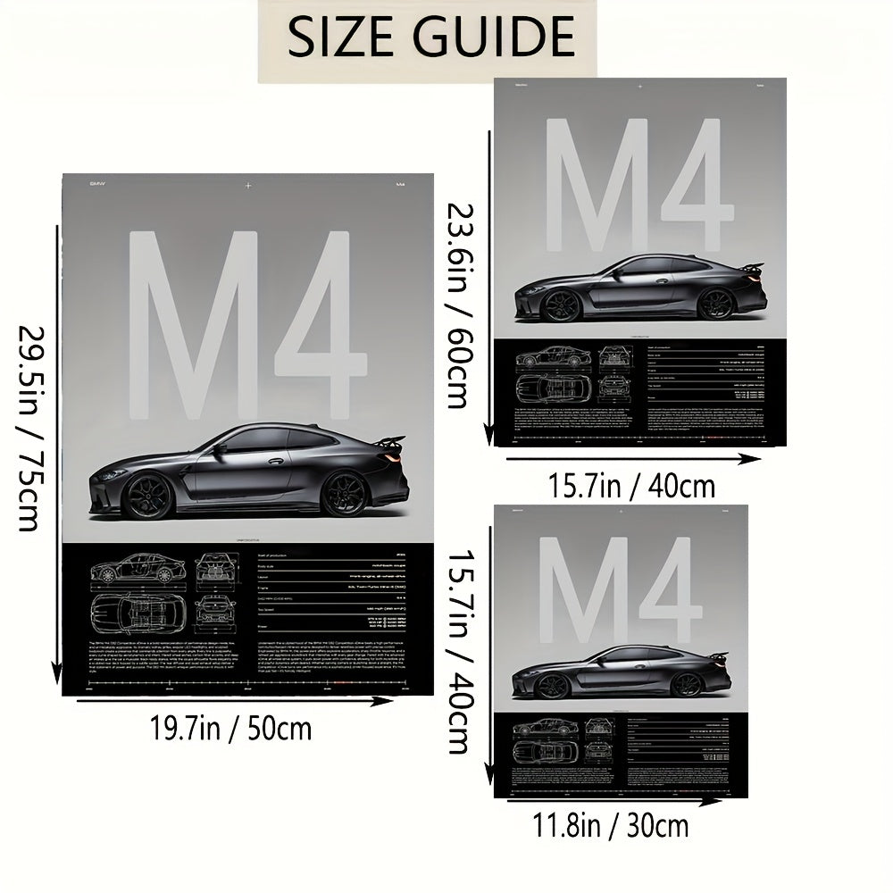 Póster Moderno M4 – Diseño Técnico de Supercoche en Lienzo Negro | Arte sin Marco para “Man Cave”, Oficina o Decoración del Hogar