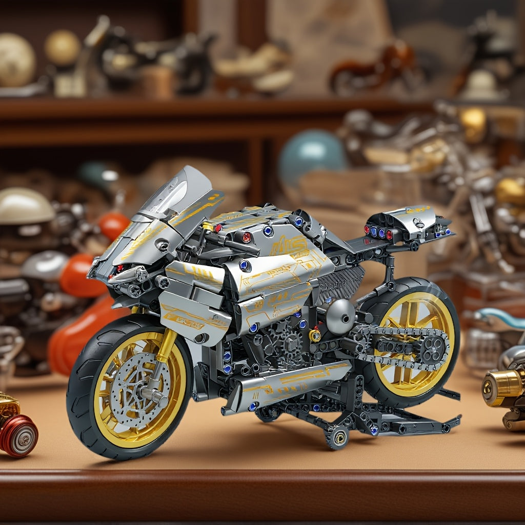 Moto Mecánica Plateada y Amarilla – Set de 1020 Bloques de Construcción | Diseño Realista sin Electricidad | Regalo Ideal para Adultos y Fans de las Motocicletas
