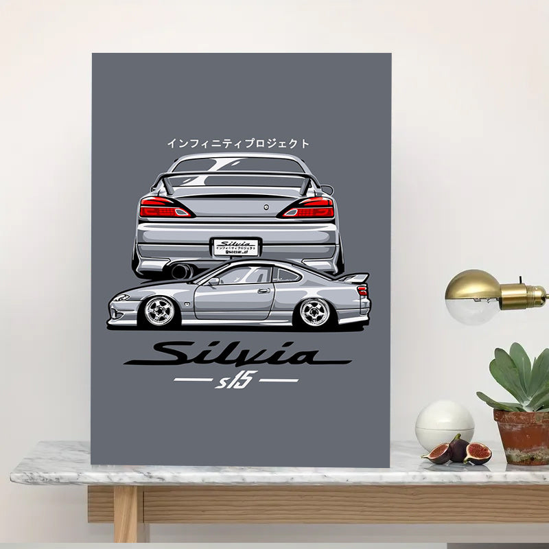 🚗💨 Póster Silvia S15 Estilo Anime | Lienzo Sin Marco 1PC | Decoración Automotriz Japonesa Minimalista en Gris & Negro 🏠🖼️