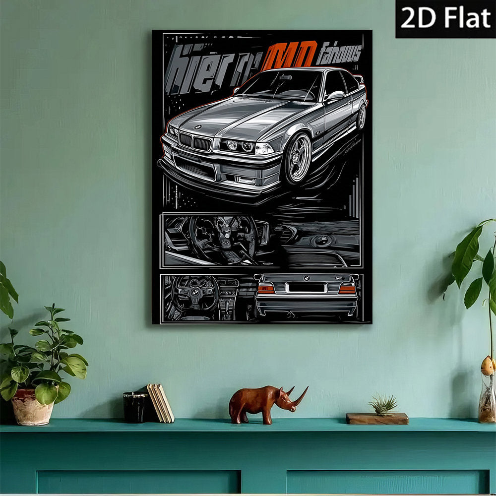 🚗⚡ Póster 2D Flat E36 Sports Car | Canvas Sin Marco 1PC | Arte Retro Automotriz Minimalista 🖼️✨ | Decoración para Sala, Dormitorio u Oficina 🏠💼