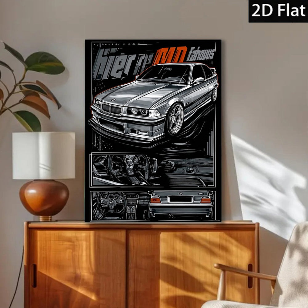 🚗⚡ Póster 2D Flat E36 Sports Car | Canvas Sin Marco 1PC | Arte Retro Automotriz Minimalista 🖼️✨ | Decoración para Sala, Dormitorio u Oficina 🏠💼