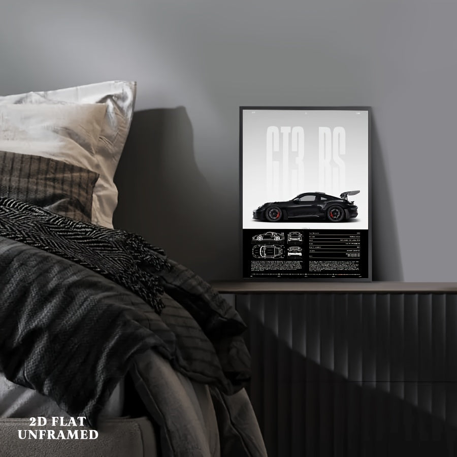 Póster 2D de Autos de Carreras GT – Diseño Técnico en Blanco y Negro | Arte Automotriz sin Marco para Hogar, Oficina o “Man Cave” | Decoración Moderna de Estilo Alemán