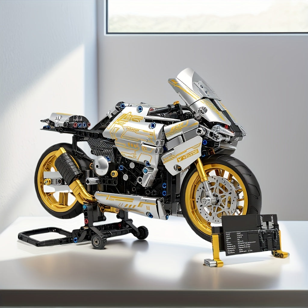 Moto Mecánica Plateada y Amarilla – Set de 1020 Bloques de Construcción | Diseño Realista sin Electricidad | Regalo Ideal para Adultos y Fans de las Motocicletas