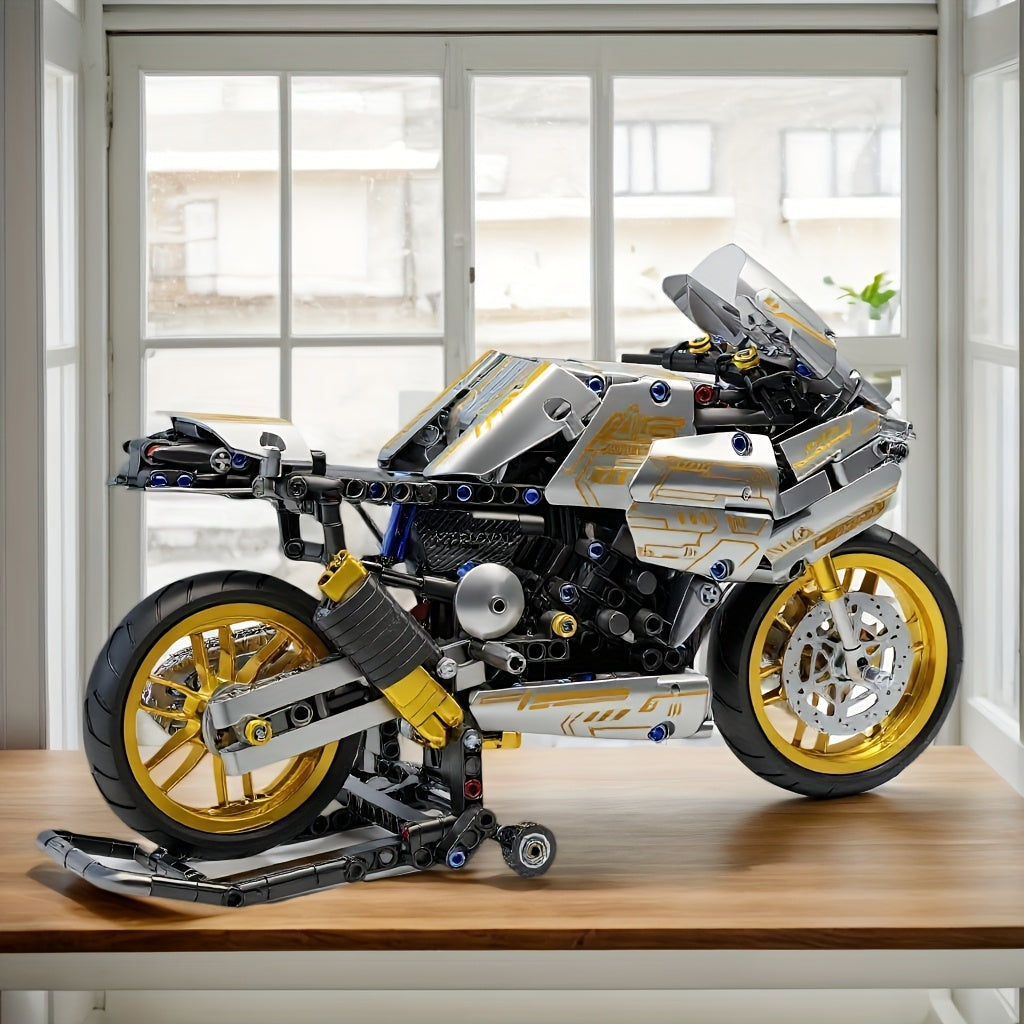 Moto Mecánica Plateada y Amarilla – Set de 1020 Bloques de Construcción | Diseño Realista sin Electricidad | Regalo Ideal para Adultos y Fans de las Motocicletas